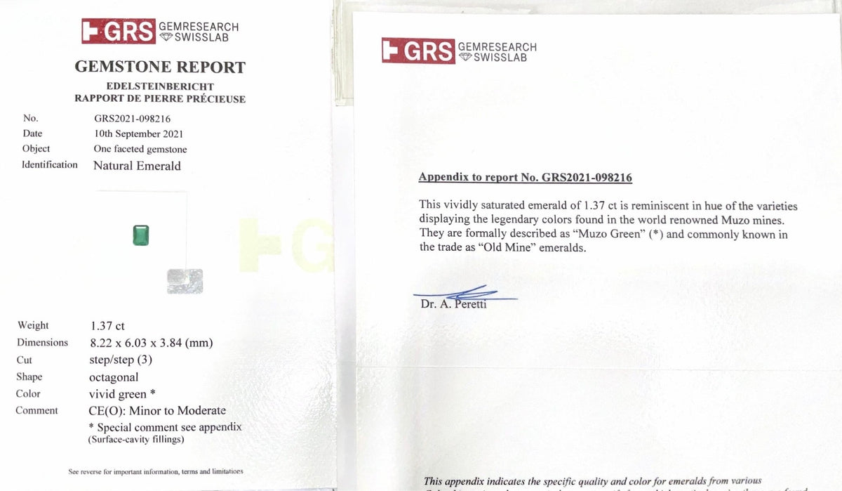 1.37ct Vivid Green Muzo Emerald - Benny's Gems Creations