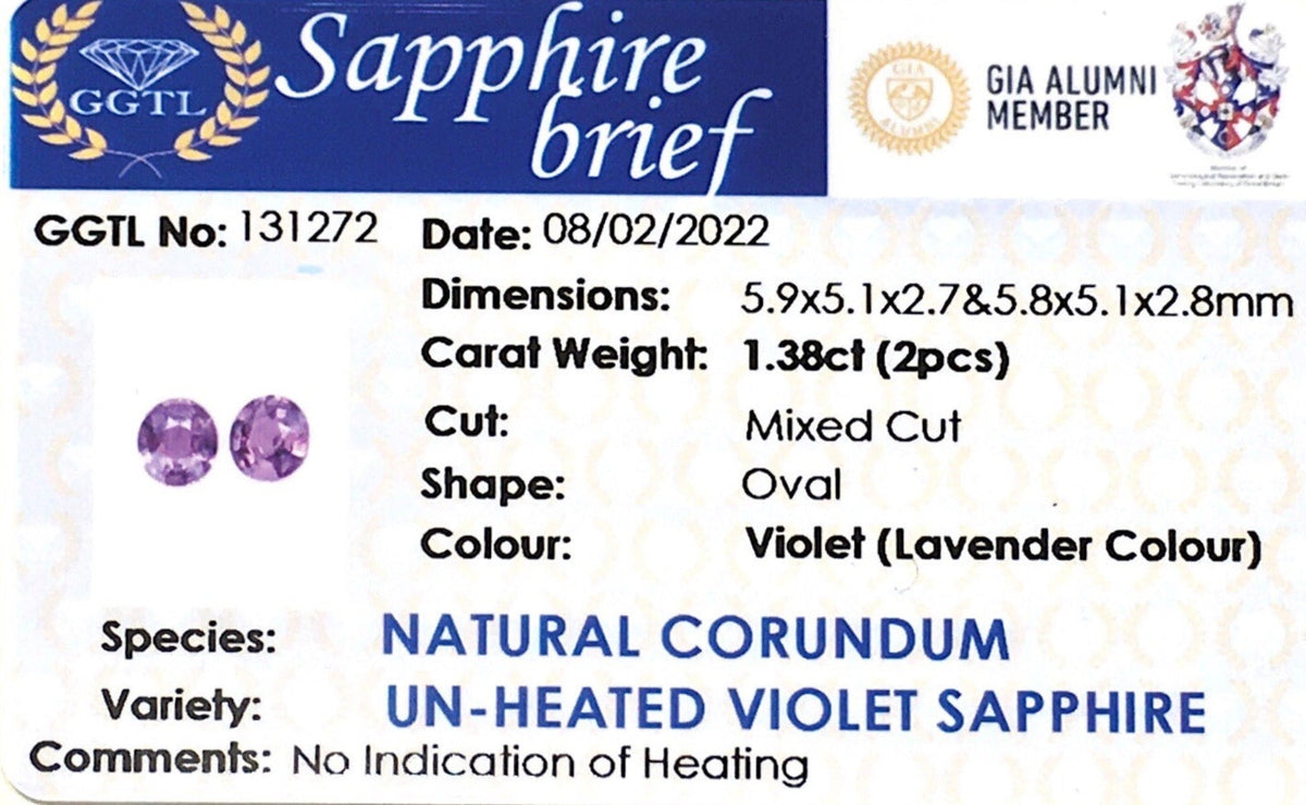 1.38CTS Pair of Unheated Violet Sapphire - Benny's Gems Creations