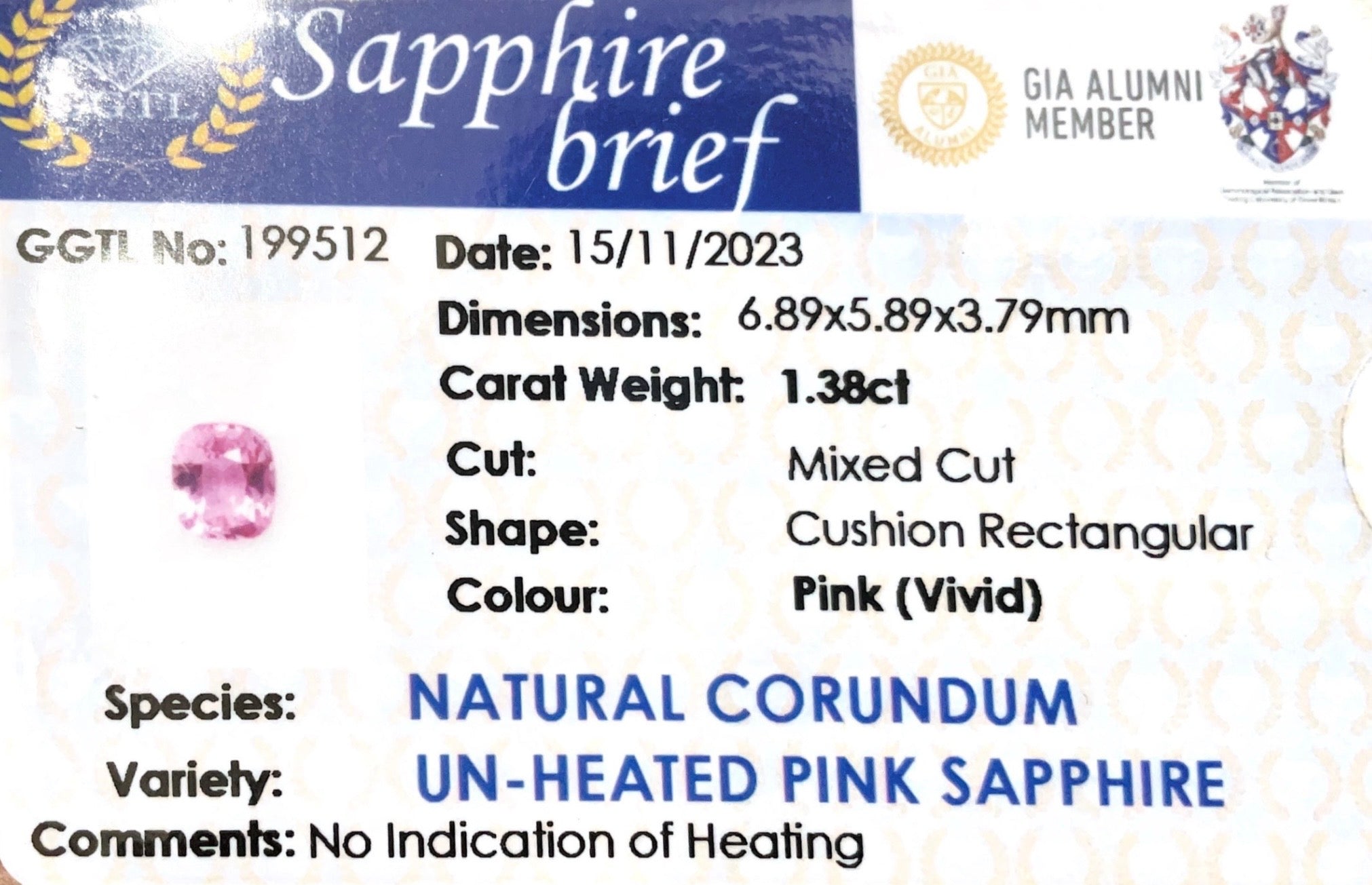 1.38CTS Unheated Vivid Pink Sapphire - Benny's Gems Creations