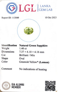 1.40CTS Unheated Greenish Yellow Sapphire - Benny's Gems Creations