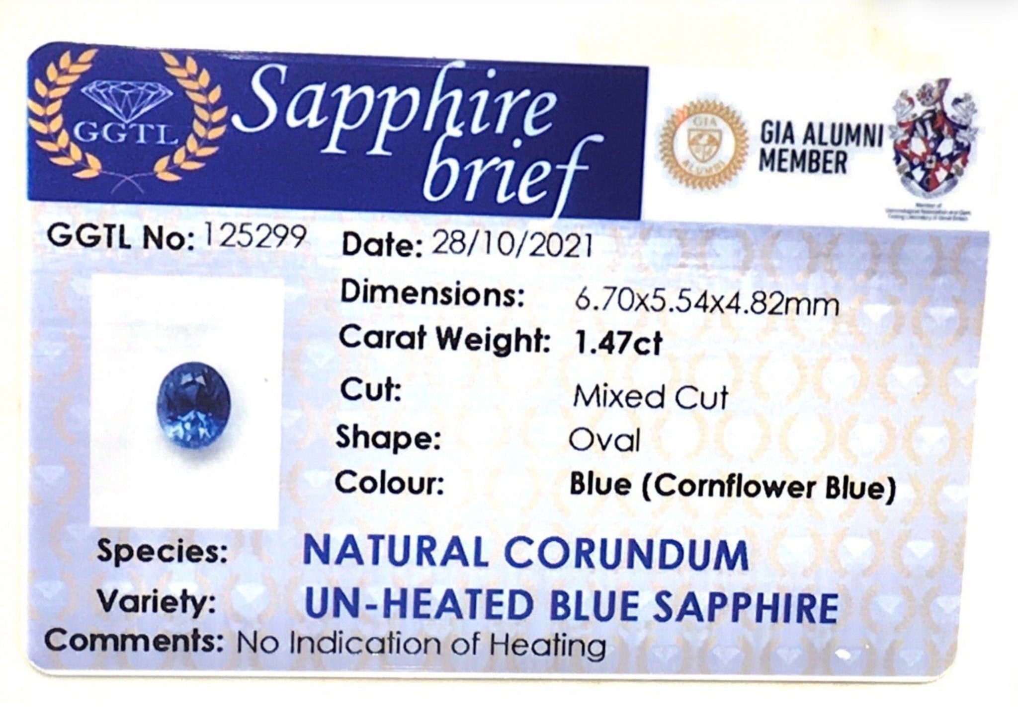 1.47CTS Unheated Cornflower Sapphire - Benny's Gems Creations