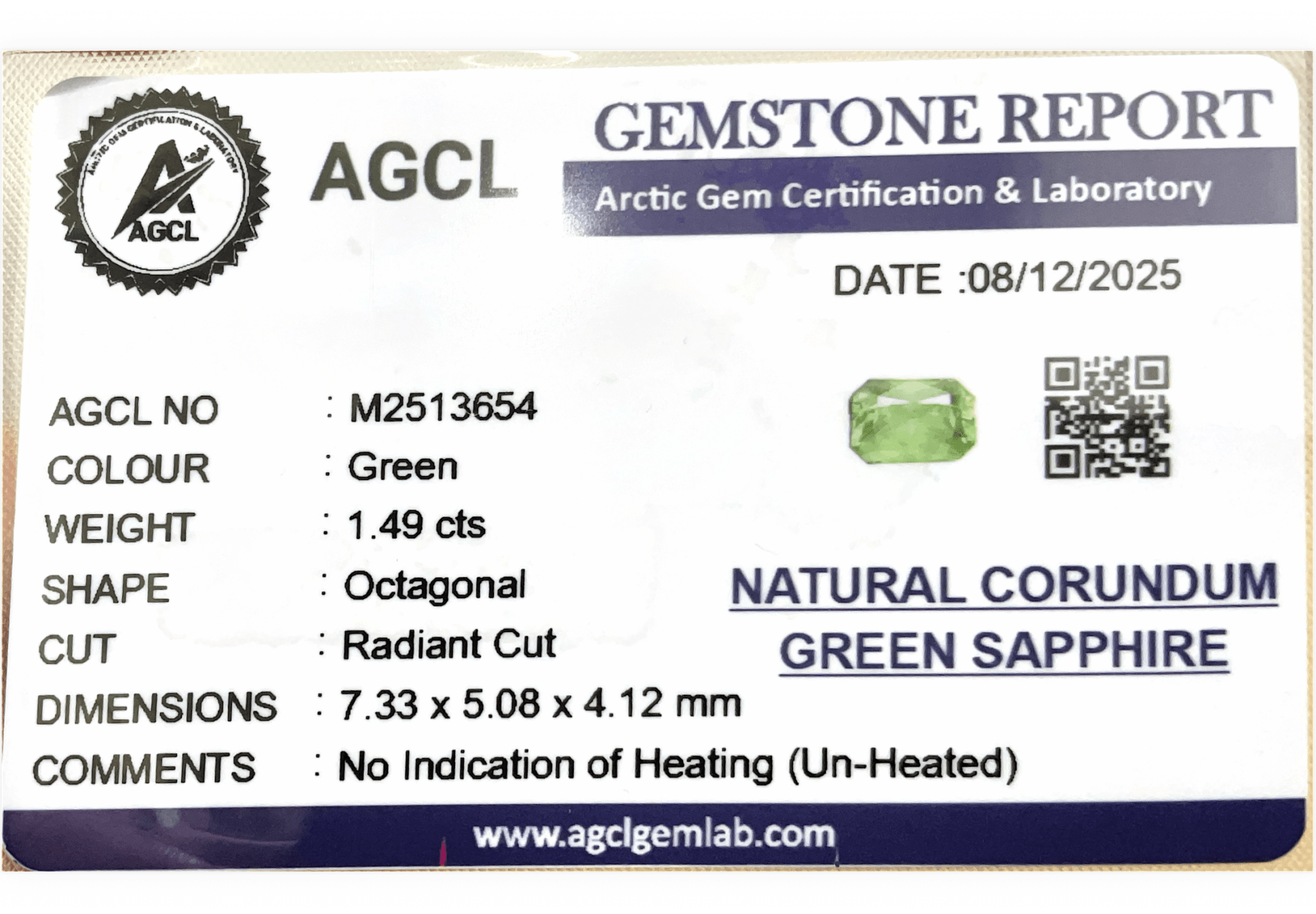 1.49cts Unheated Green Sapphire - Benny's Gems Creations