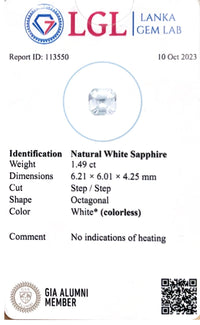 1.49CTS Unheated White Sapphire - Benny's Gems Creations