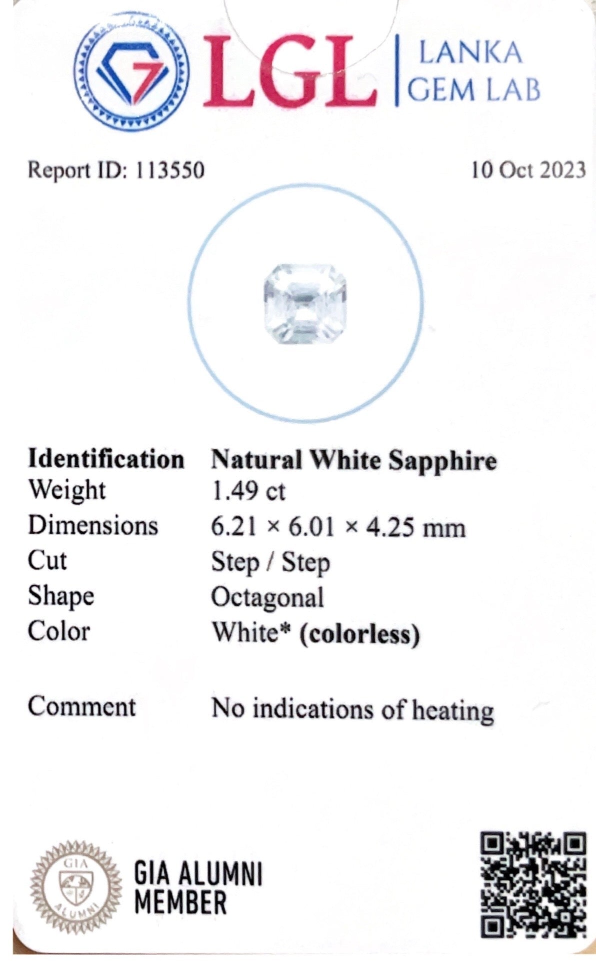 1.49CTS Unheated White Sapphire - Benny's Gems Creations