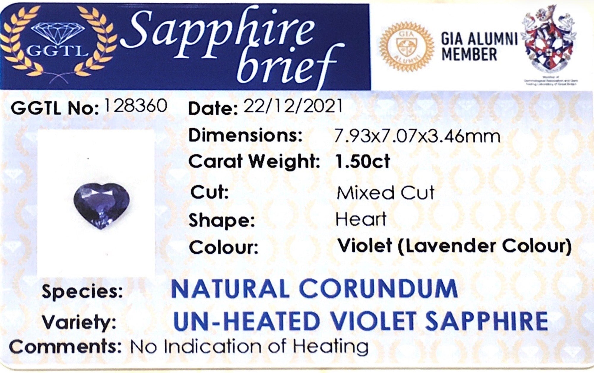 1.50CTS Unheated Violet Sapphire - Benny's Gems Creations