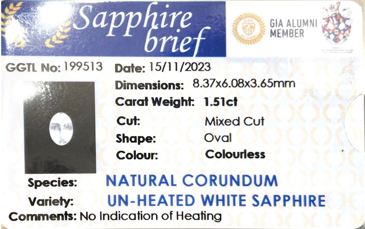 1.51CTS Unheated White Sapphire - Benny's Gems Creations