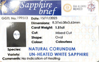 1.51CTS Unheated White Sapphire - Benny's Gems Creations