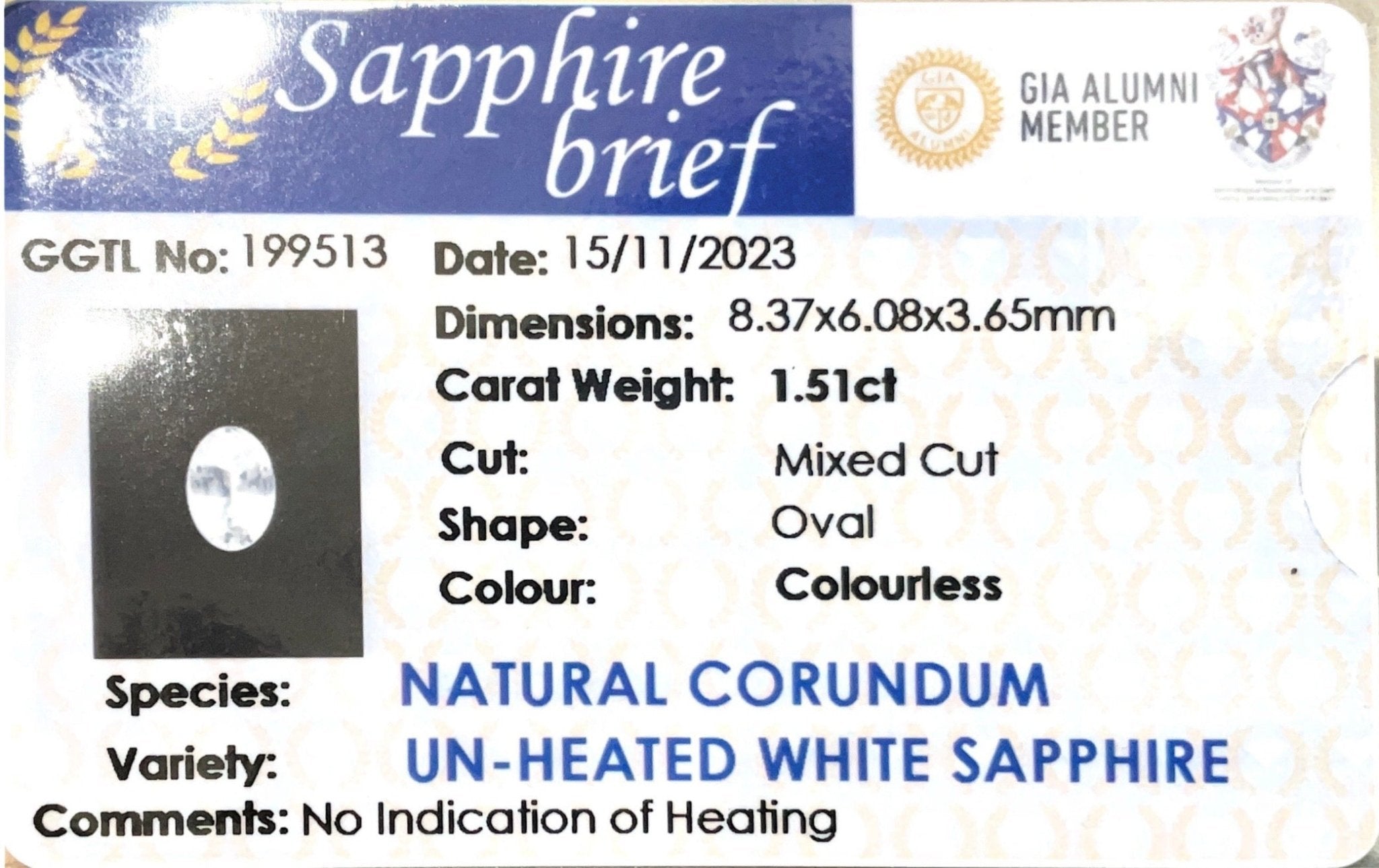 1.51CTS Unheated White Sapphire - Benny's Gems Creations