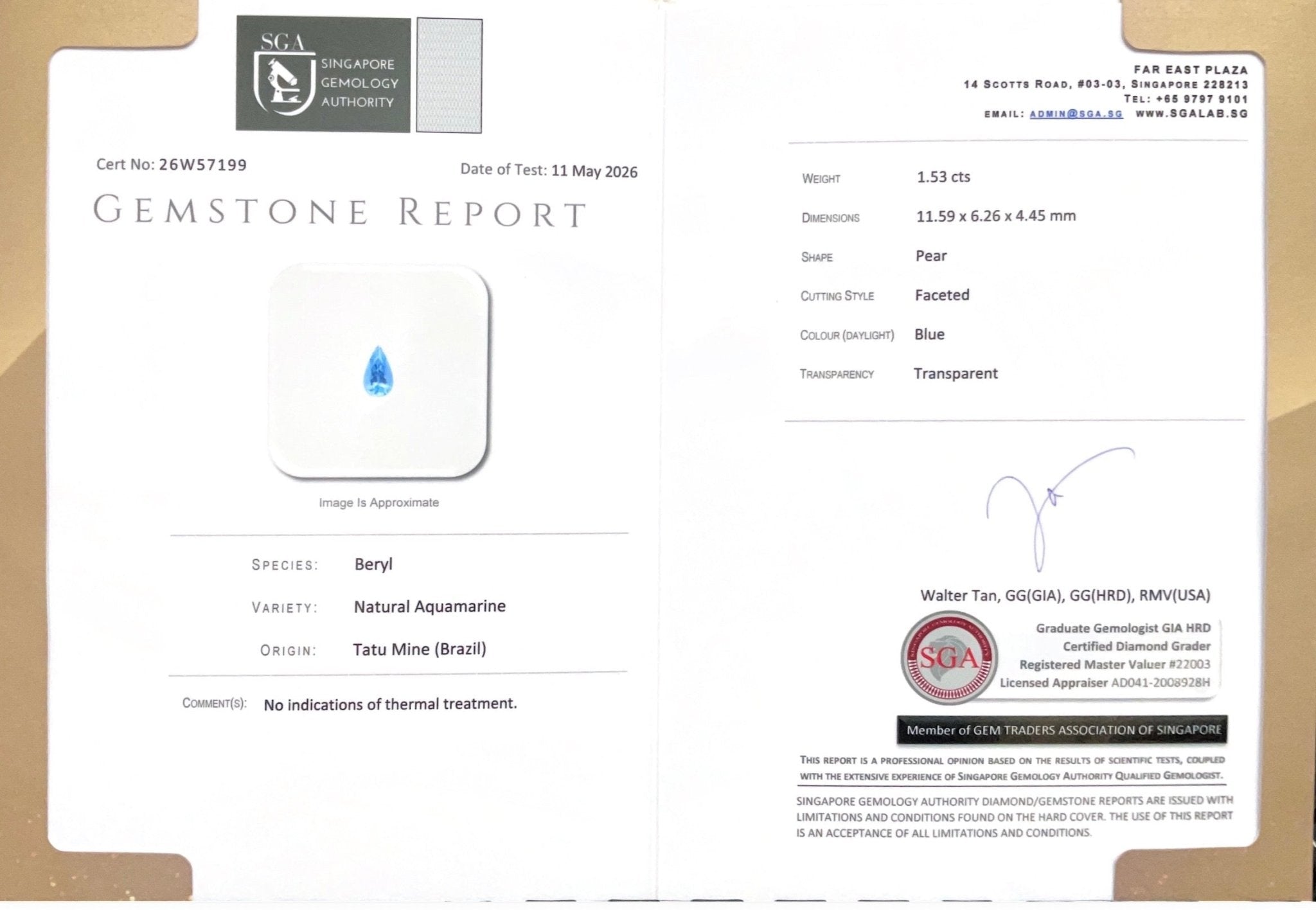 1.53cts Natural Unheated Tatu Mine Aquamarine - Benny's Gems Creations
