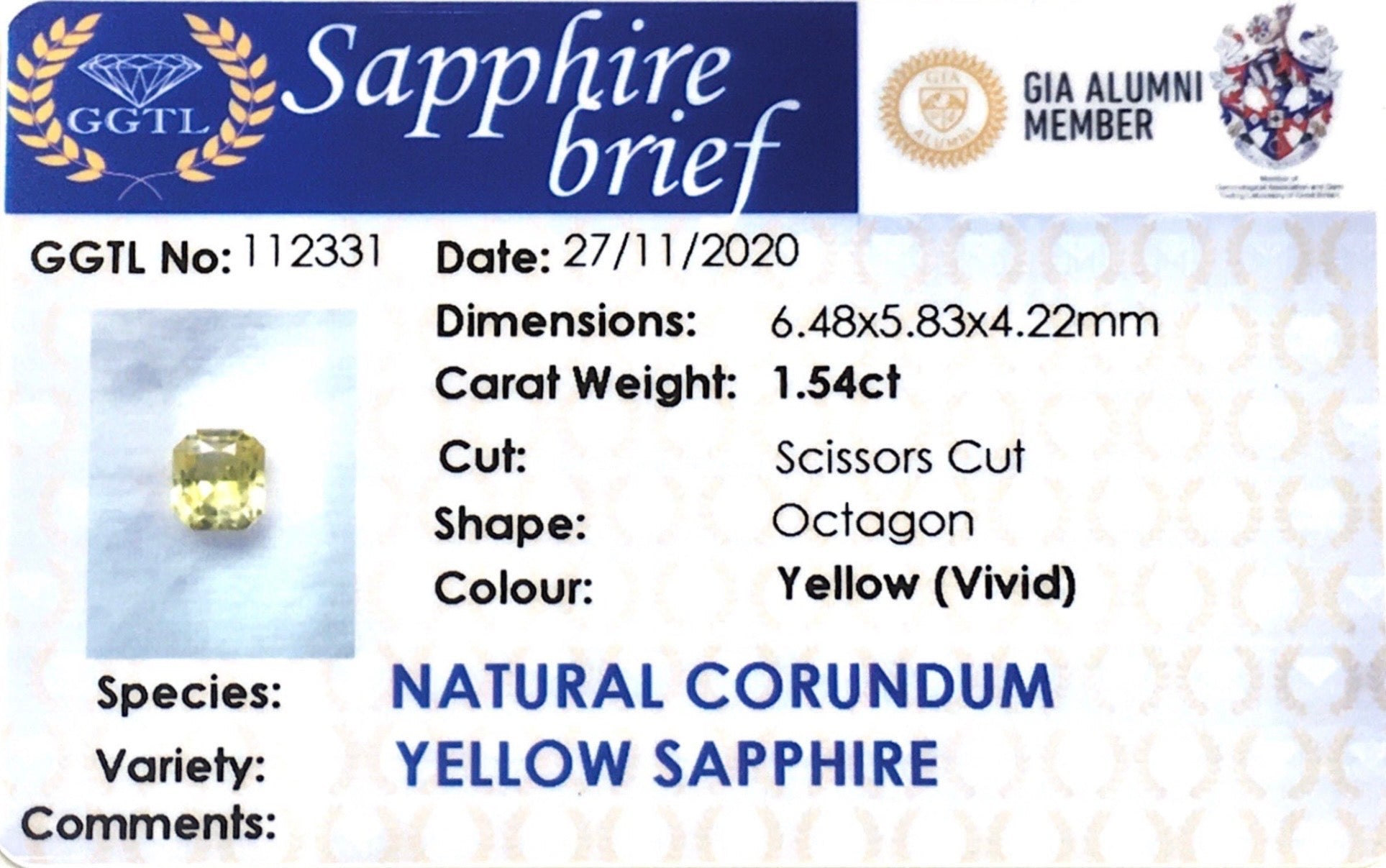 1.54CTS Natural Yellow Sapphire - Benny's Gems Creations