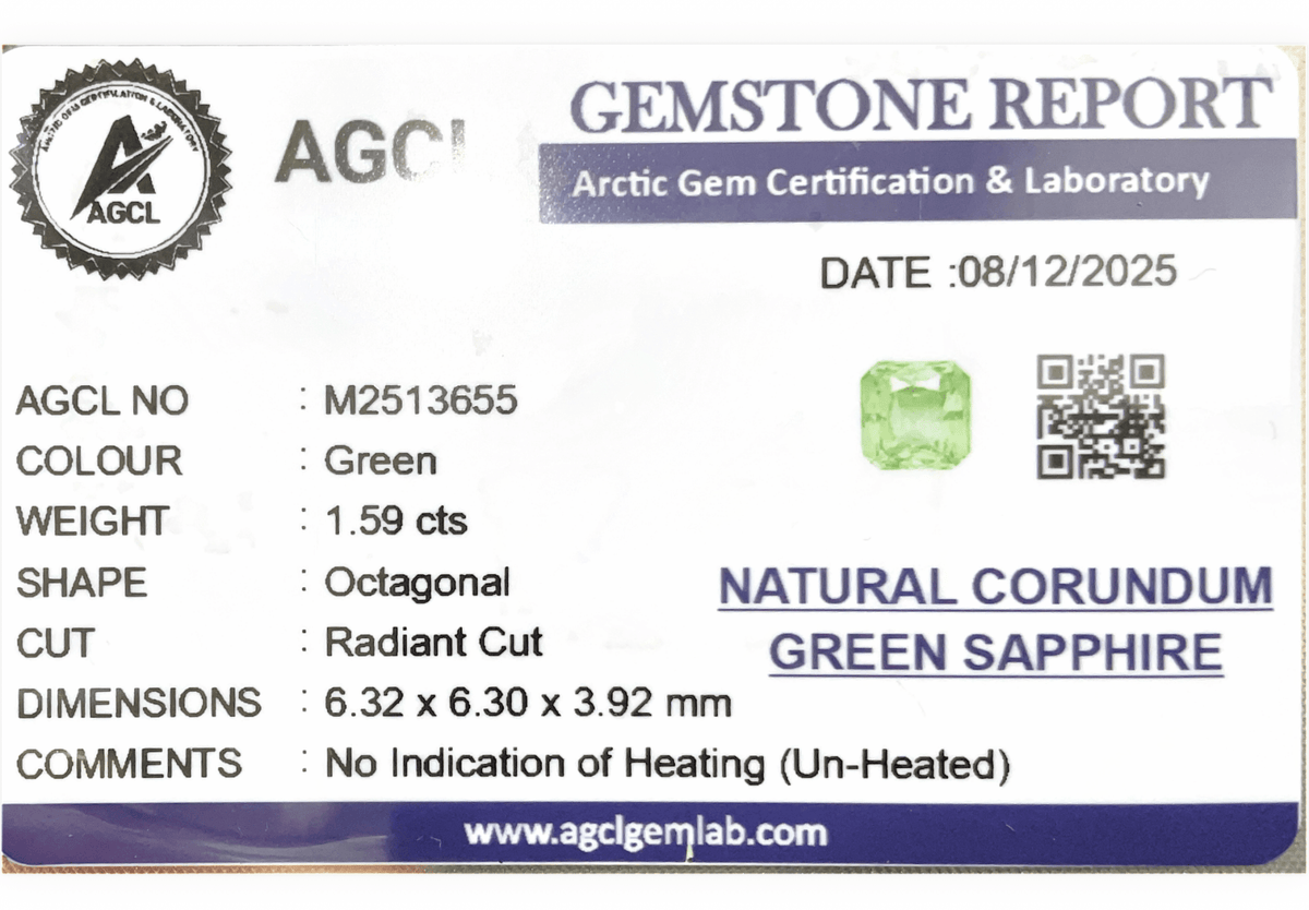 1.59cts Unheated Green Sapphire - Benny's Gems Creations