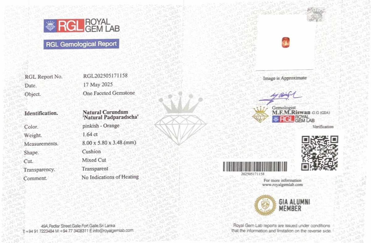 1.64CTS Unheated Padparadscha Sapphire - Benny's Gems Creations