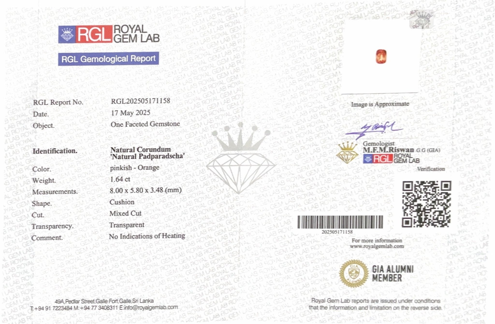 1.64CTS Unheated Padparadscha Sapphire - Benny's Gems Creations