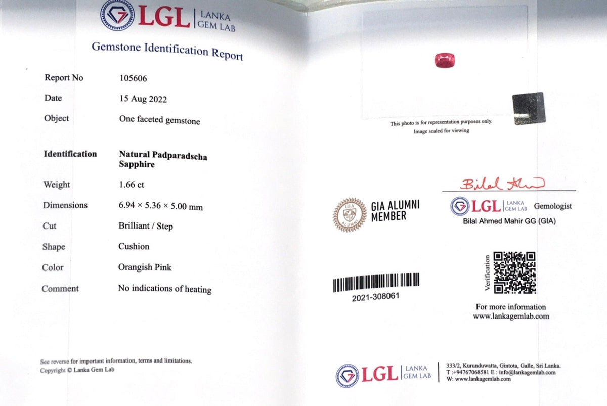 1.66CTS Unheated Cushion Padparadscha - Benny's Gems Creations