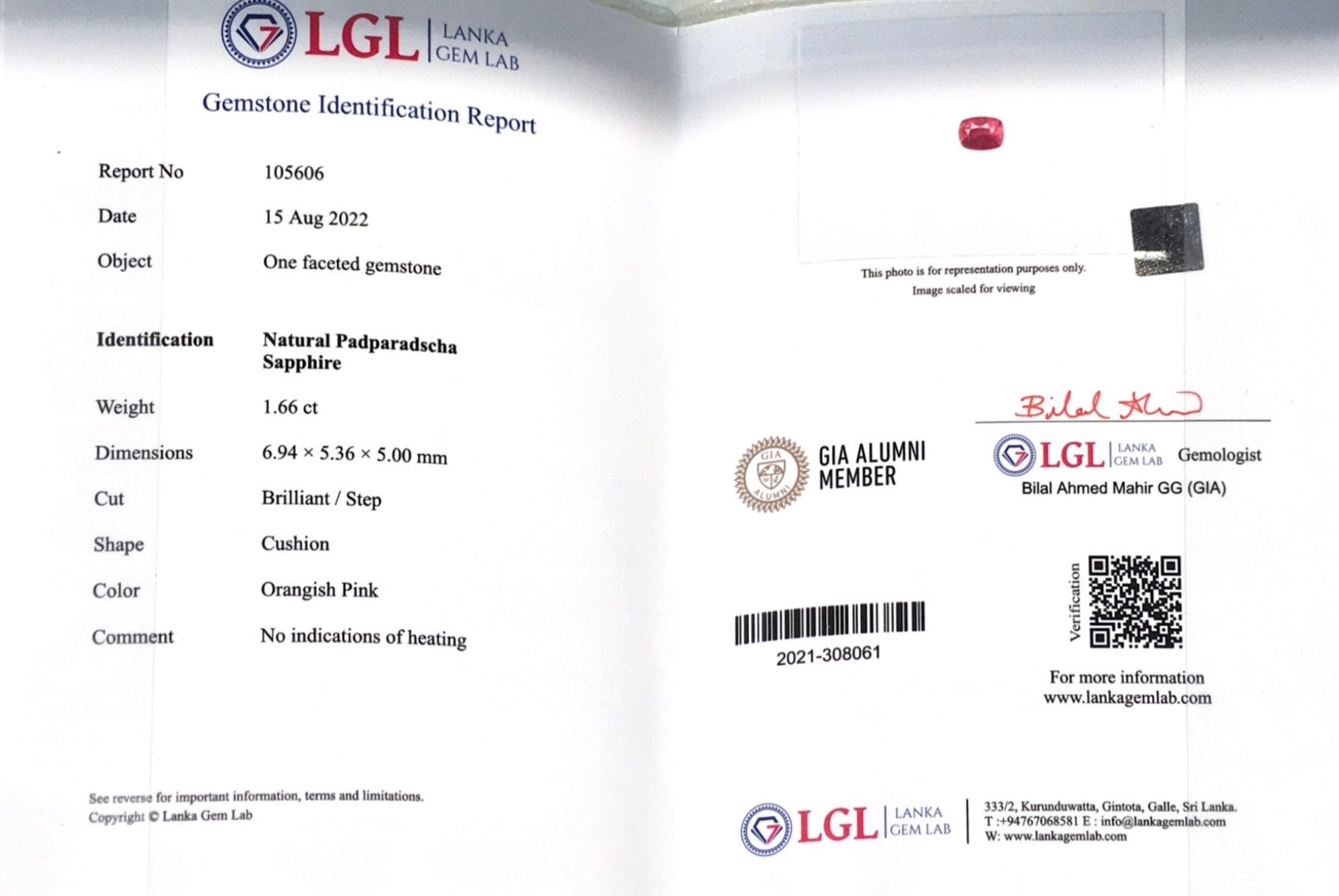 1.66CTS Unheated Cushion Padparadscha - Benny's Gems Creations