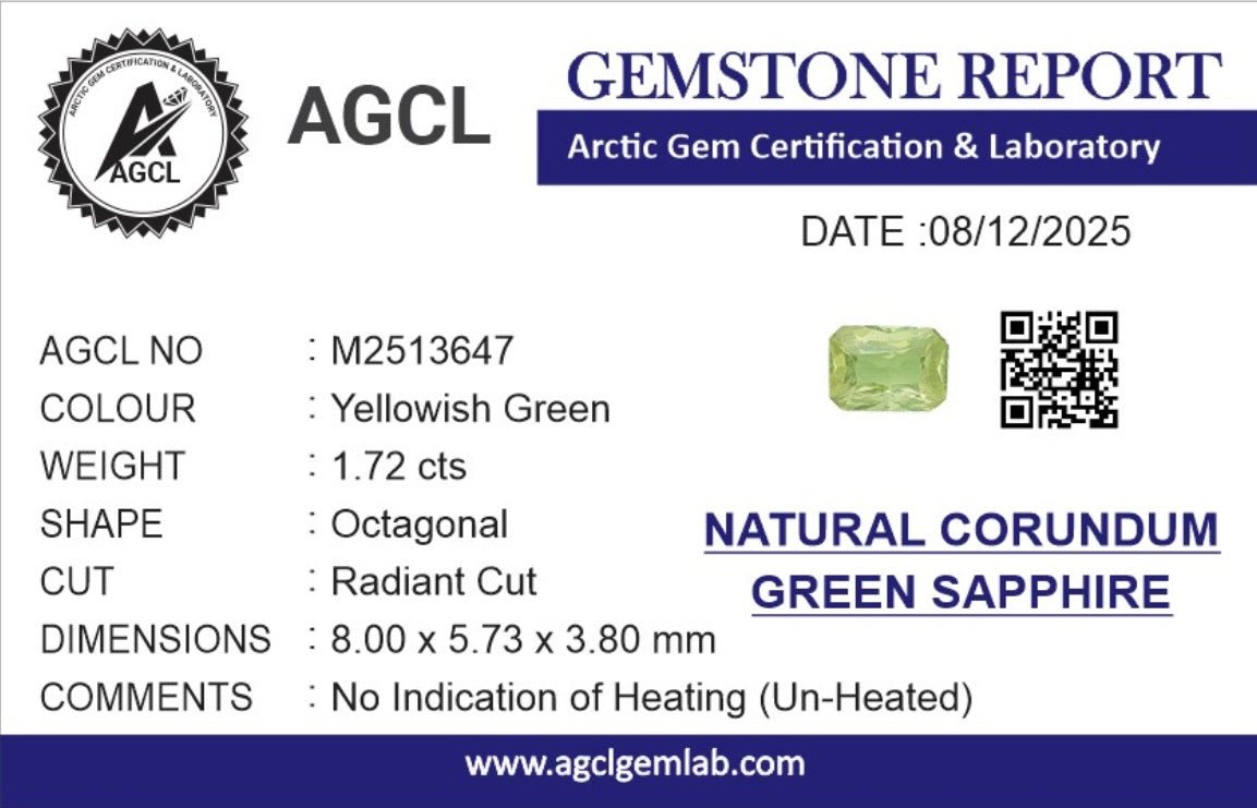 1.72cts Unheated Green Sapphire - Benny's Gems Creations