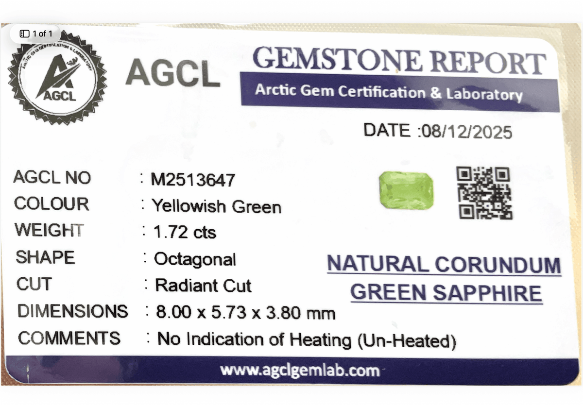 1.72cts Unheated Green Sapphire - Benny's Gems Creations