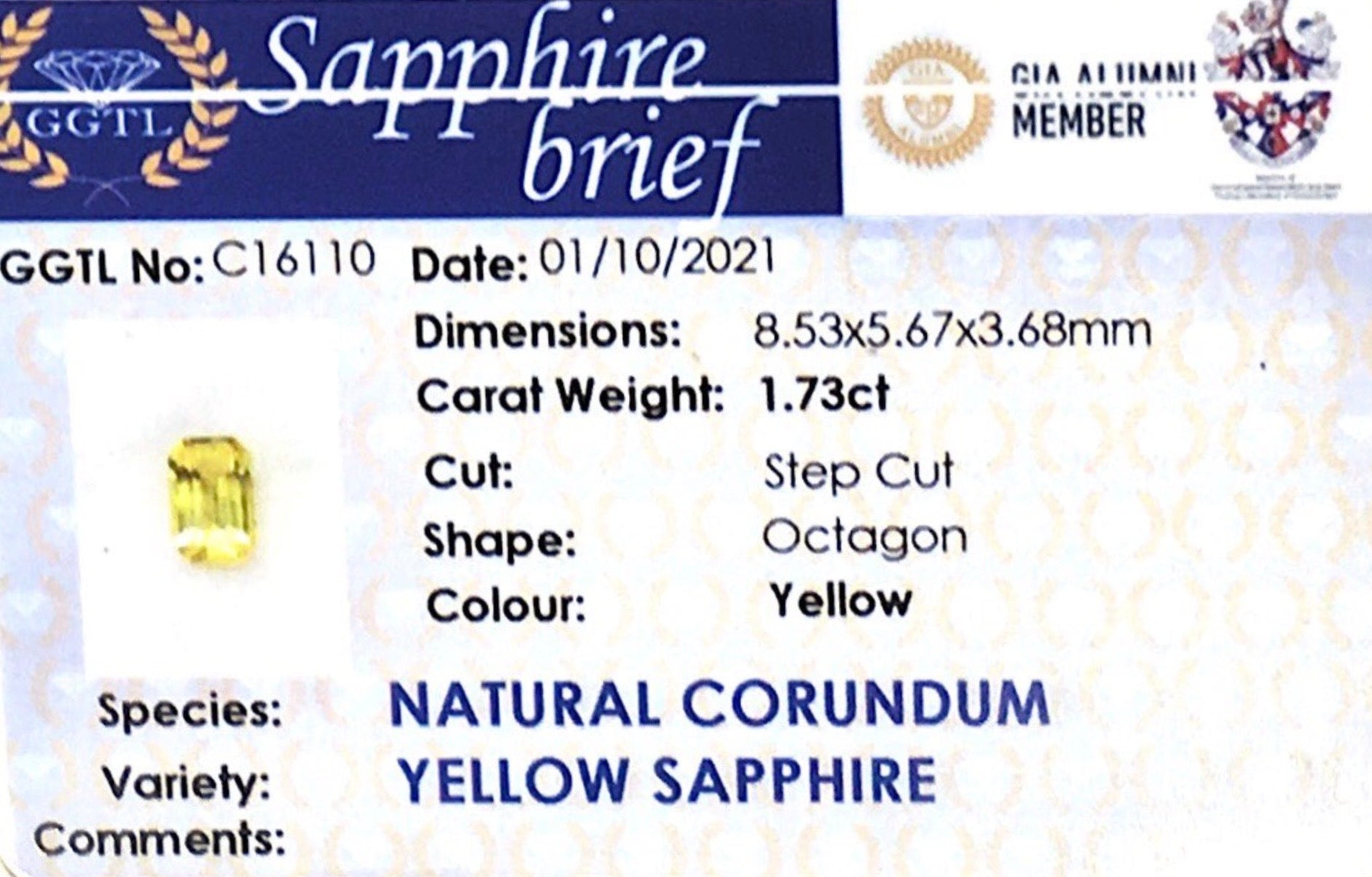 1.73CTS Vivid Yellow Sapphire - Benny's Gems Creations