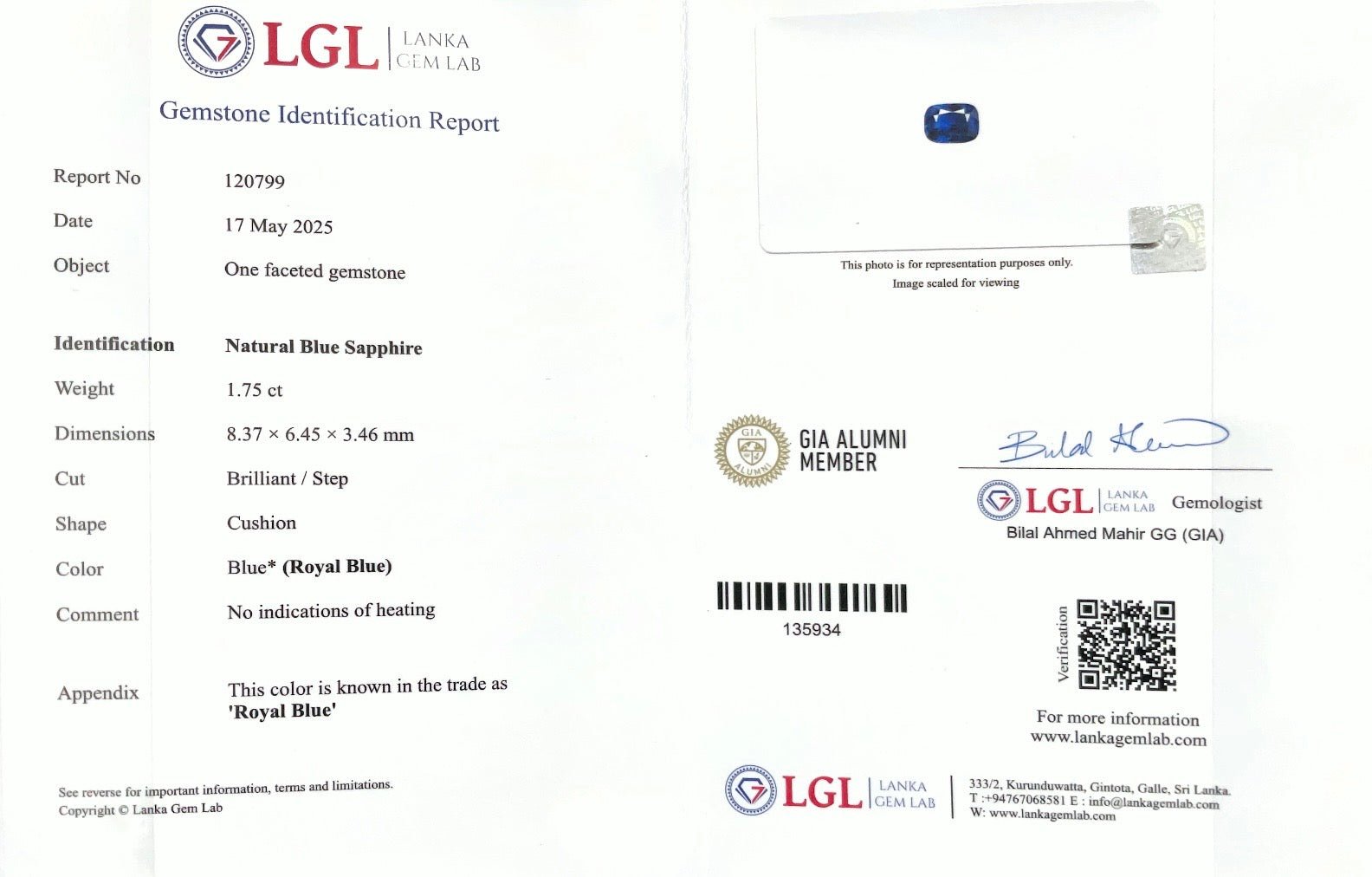 1.75CTS Unheated Royal Blue Sapphire - Benny's Gems Creations