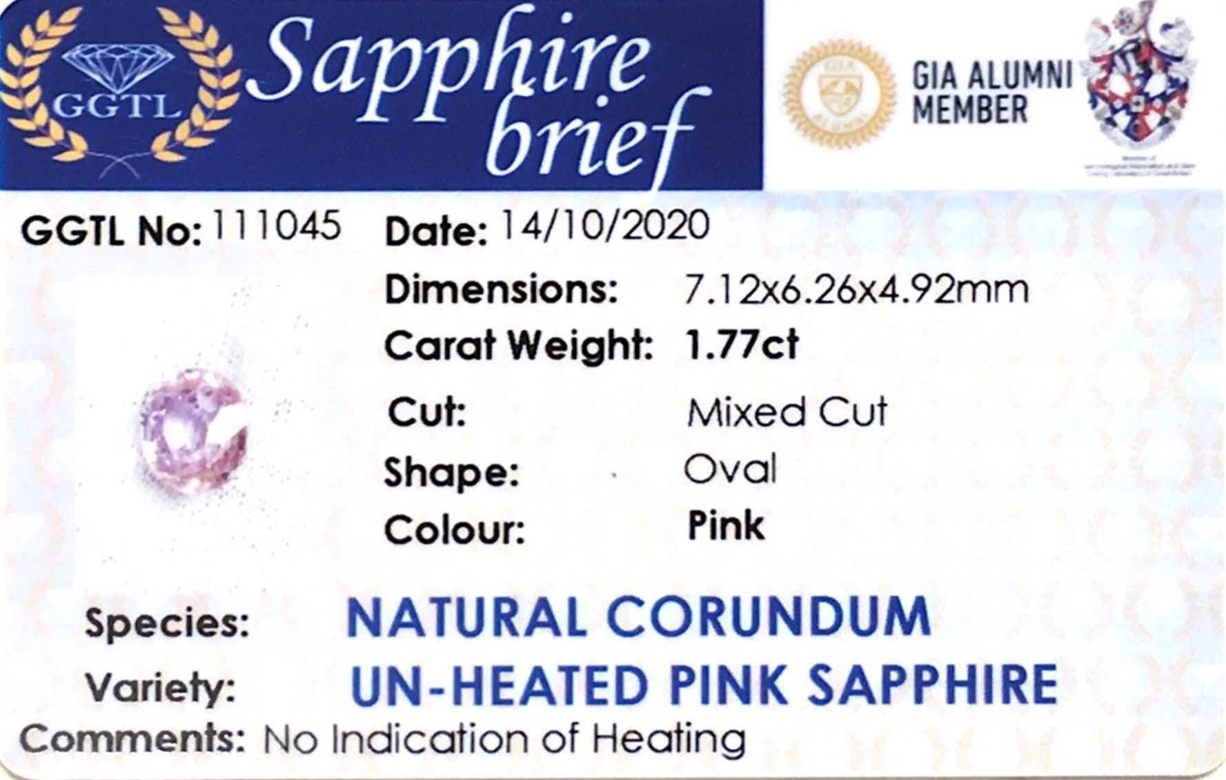1.77CTS Unheated Pink Sapphire - Benny's Gems Creations
