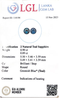 1.79CTS Natural Teal Sapphire Pair - Benny's Gems Creations