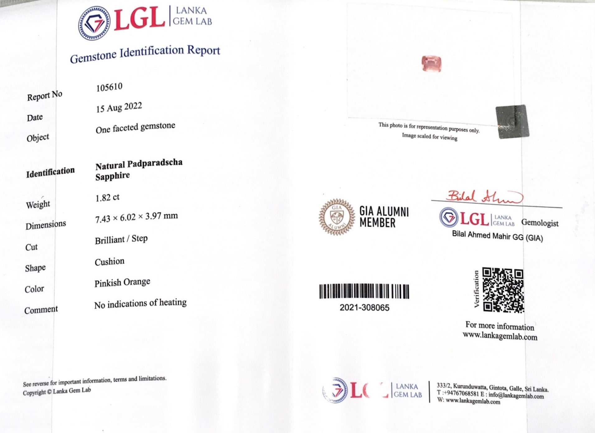 1.82CTS Unheated Cushion Padparadscha - Benny's Gems Creations