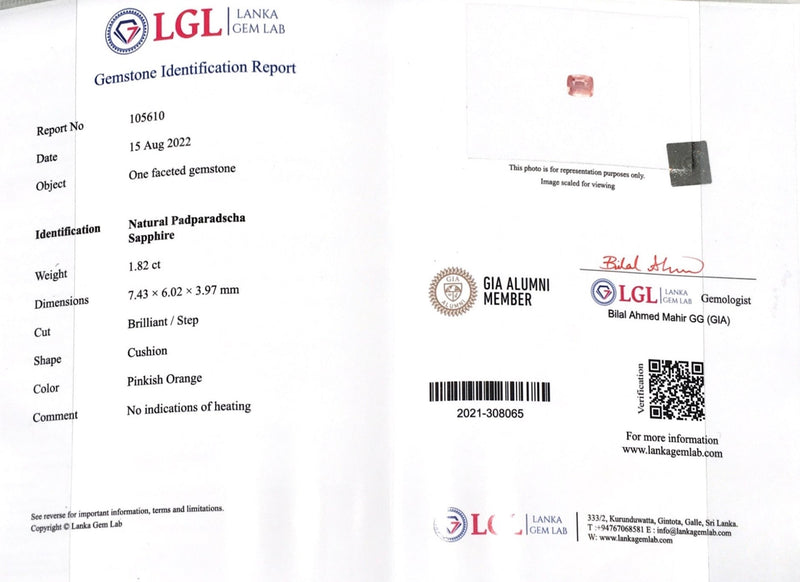 1.82CTS Unheated Cushion Padparadscha - Benny's Gems Creations