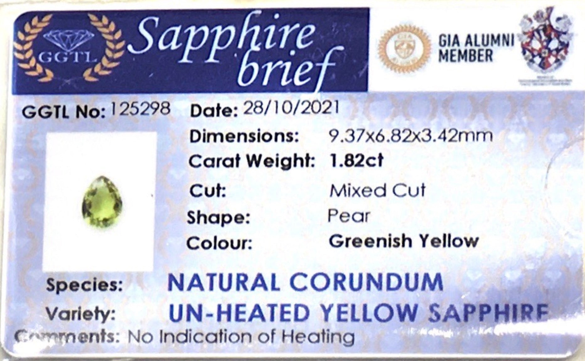 1.82CTS Unheated Green Yellow Sapphire - Benny's Gems Creations