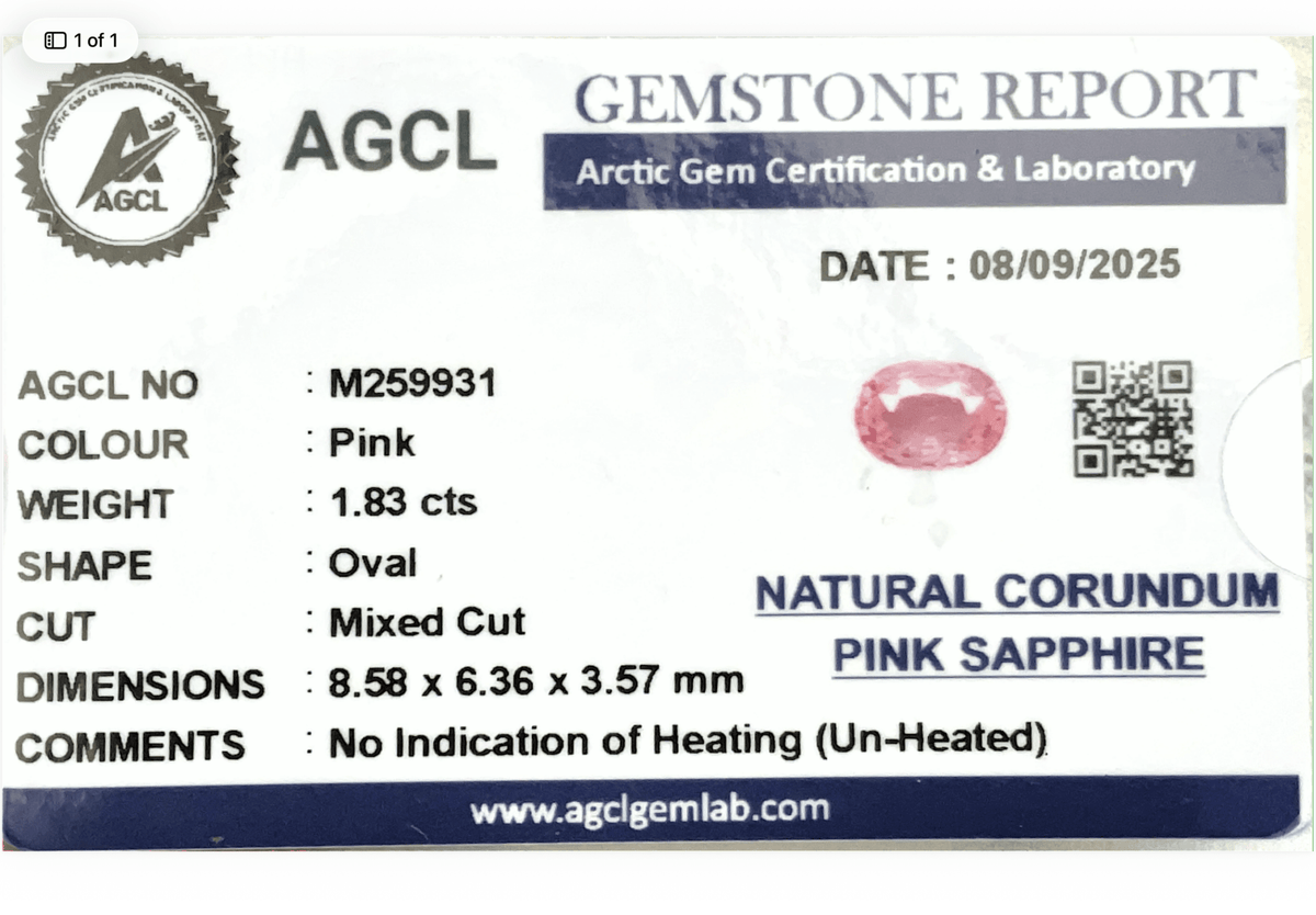 1.83cts Unheated Pink Sapphire - Benny's Gems Creations