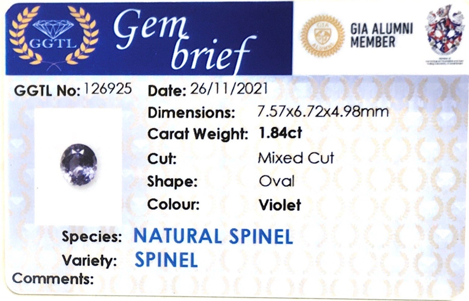 1.84CTS Violet Spinel - Benny's Gems Creations