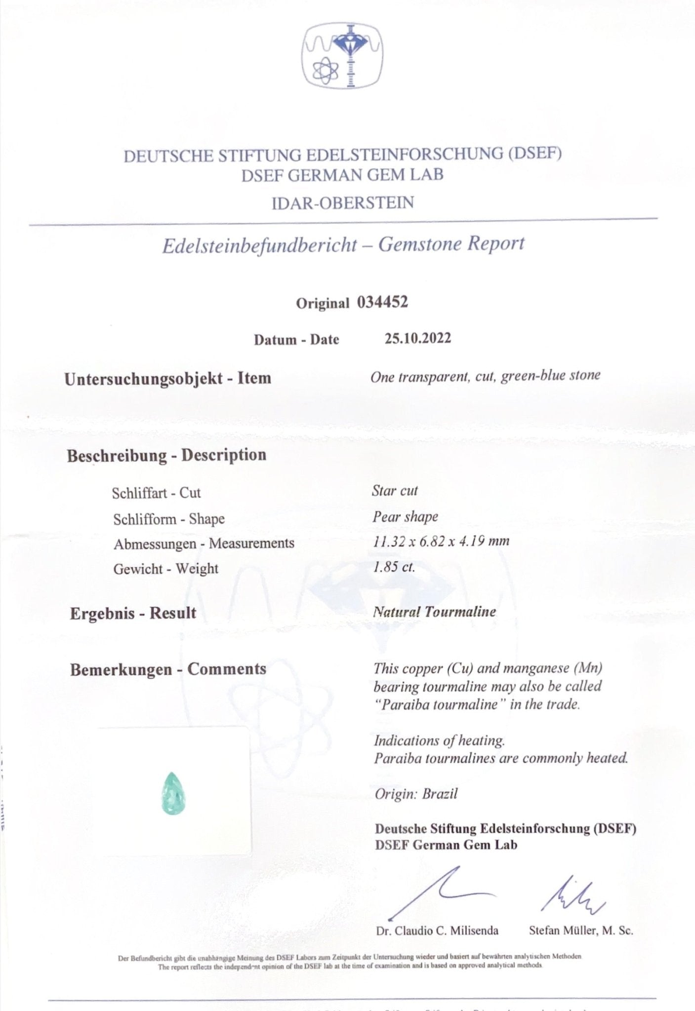 1.85CTS Brazilian Paraiba - Benny's Gems Creations