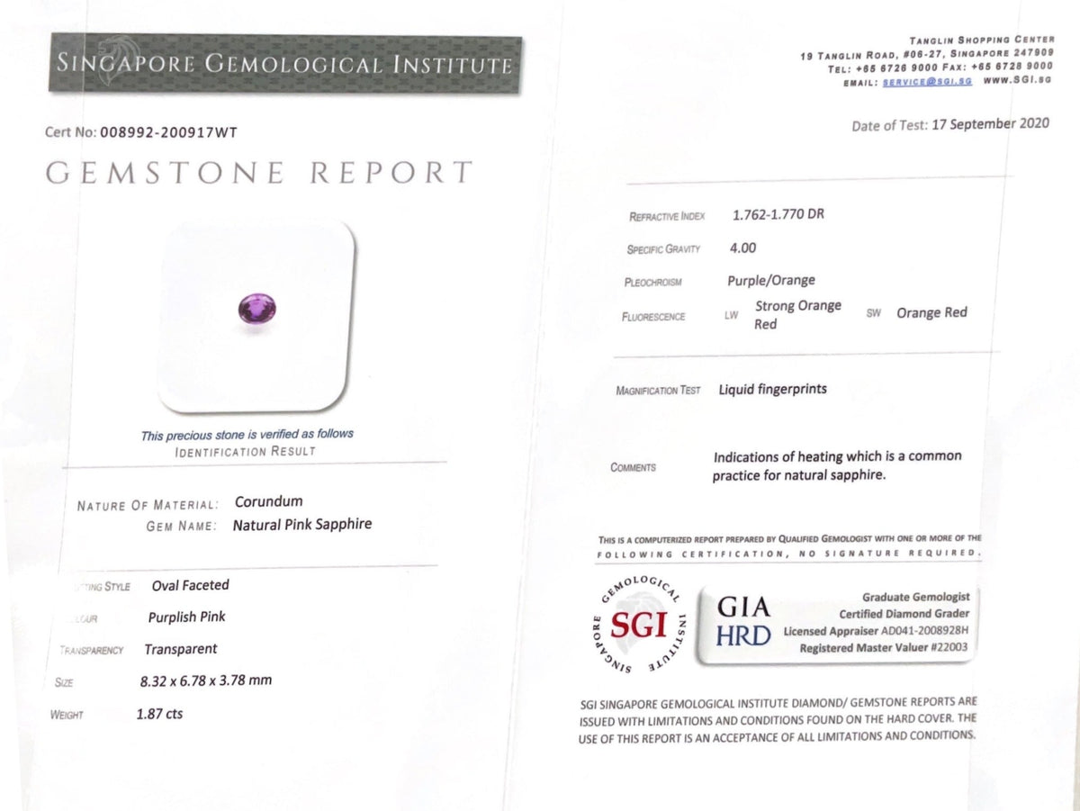 1.87CTS Natural Purplish Pink Sapphire - Benny's Gems Creations