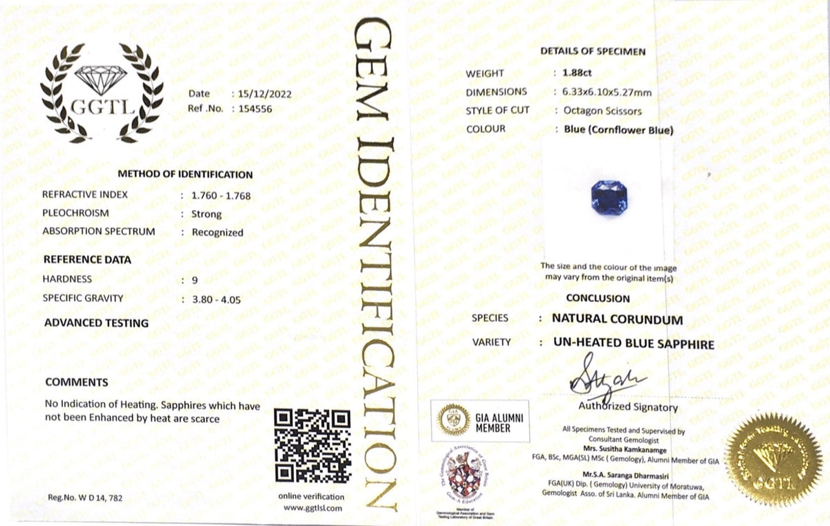 1.88CTS Unheated Cornflower Sapphire - Benny's Gems Creations