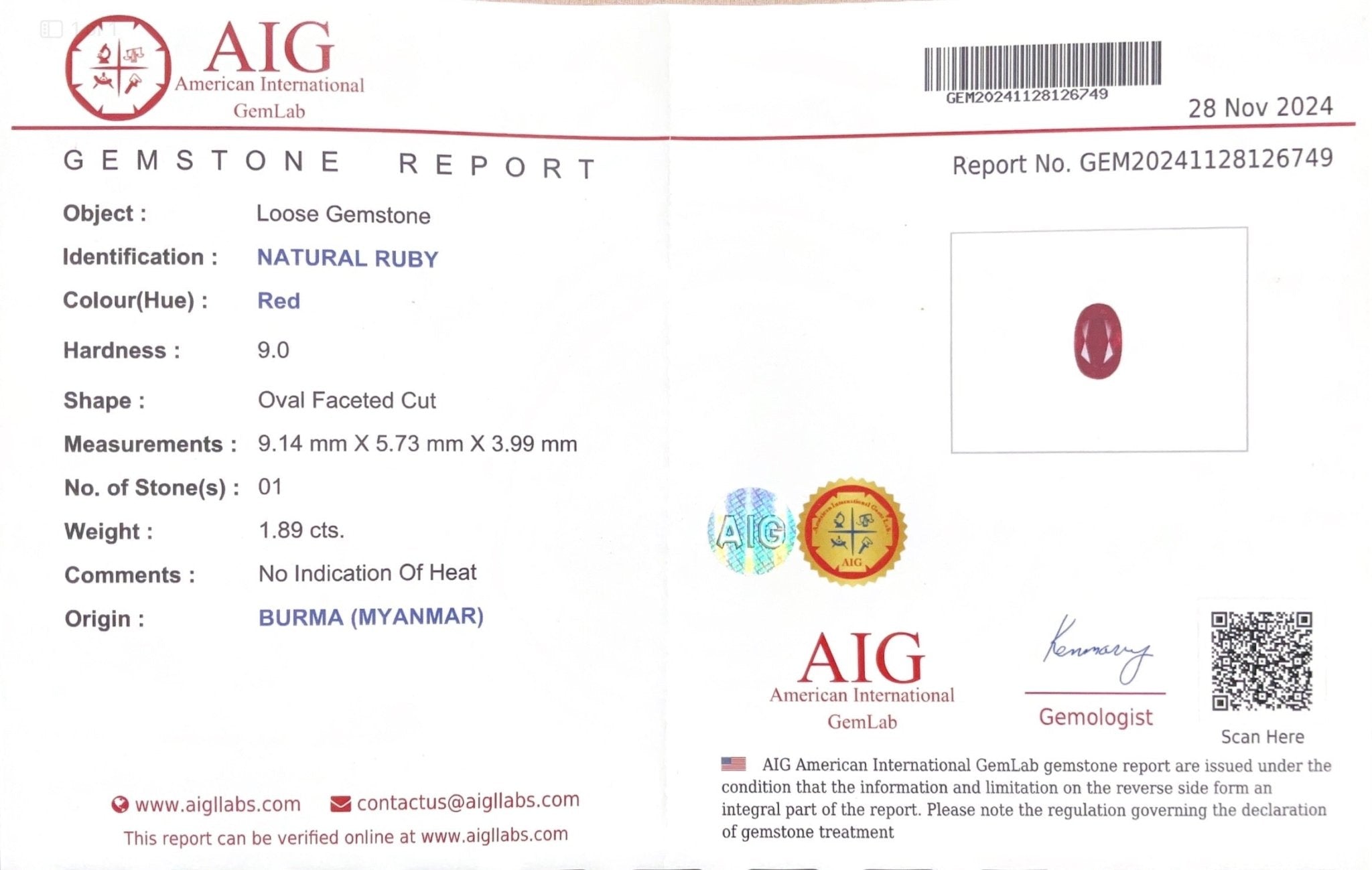1.89cts Unheated Burmese Ruby - Benny's Gems Creations