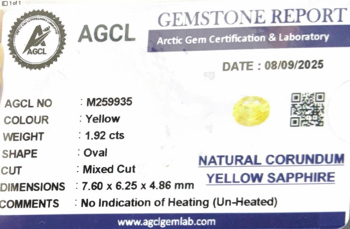 1.92Cts Unheated Yellow Sapphire - Benny's Gems Creations