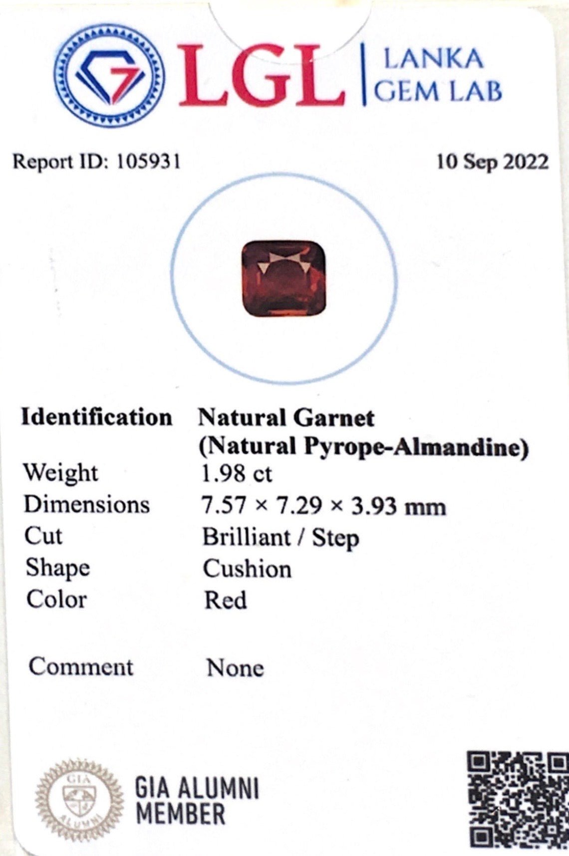 1.98CTS Red Garnet - Benny's Gems Creations