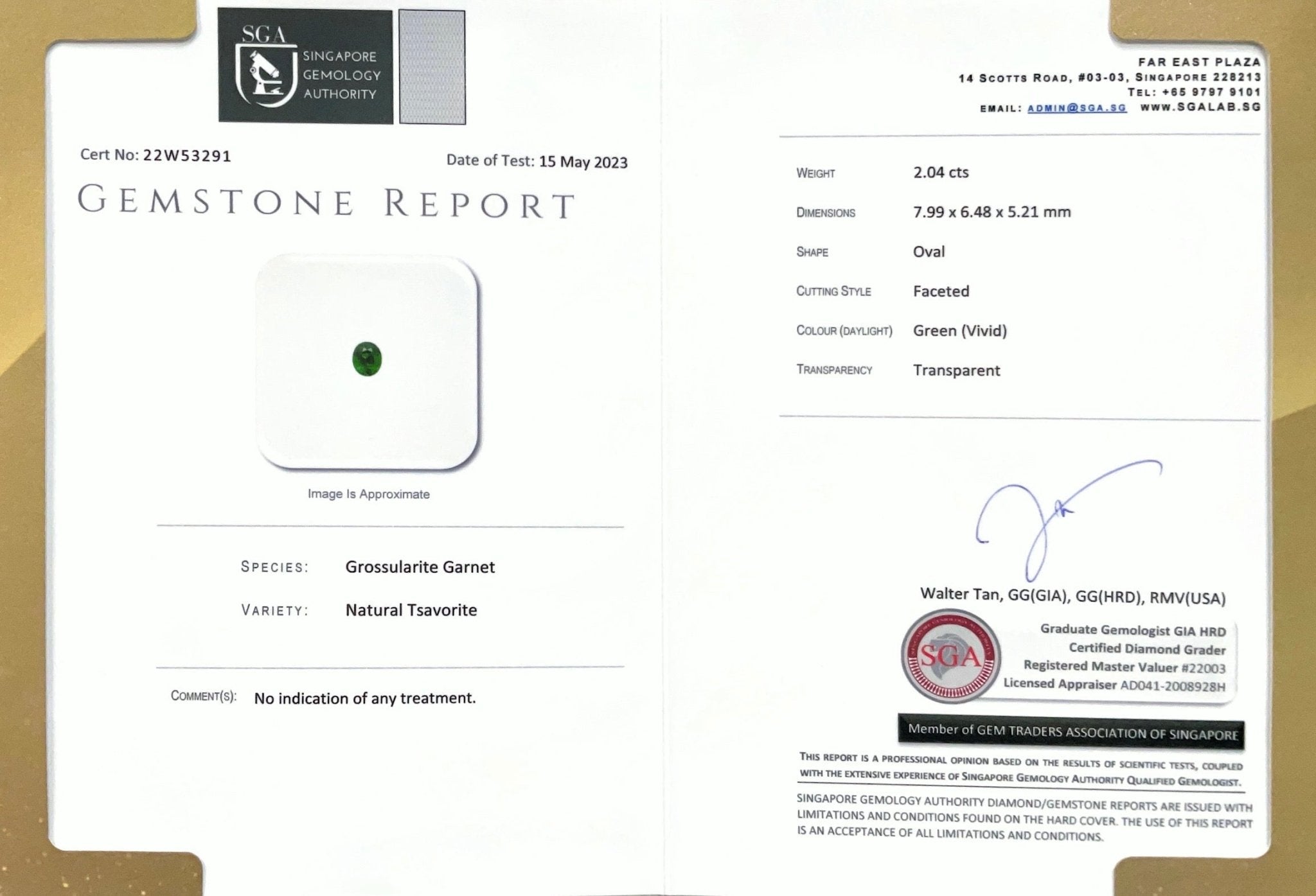 2.04CTS Vivid Green Tsavorite - Benny's Gems Creations