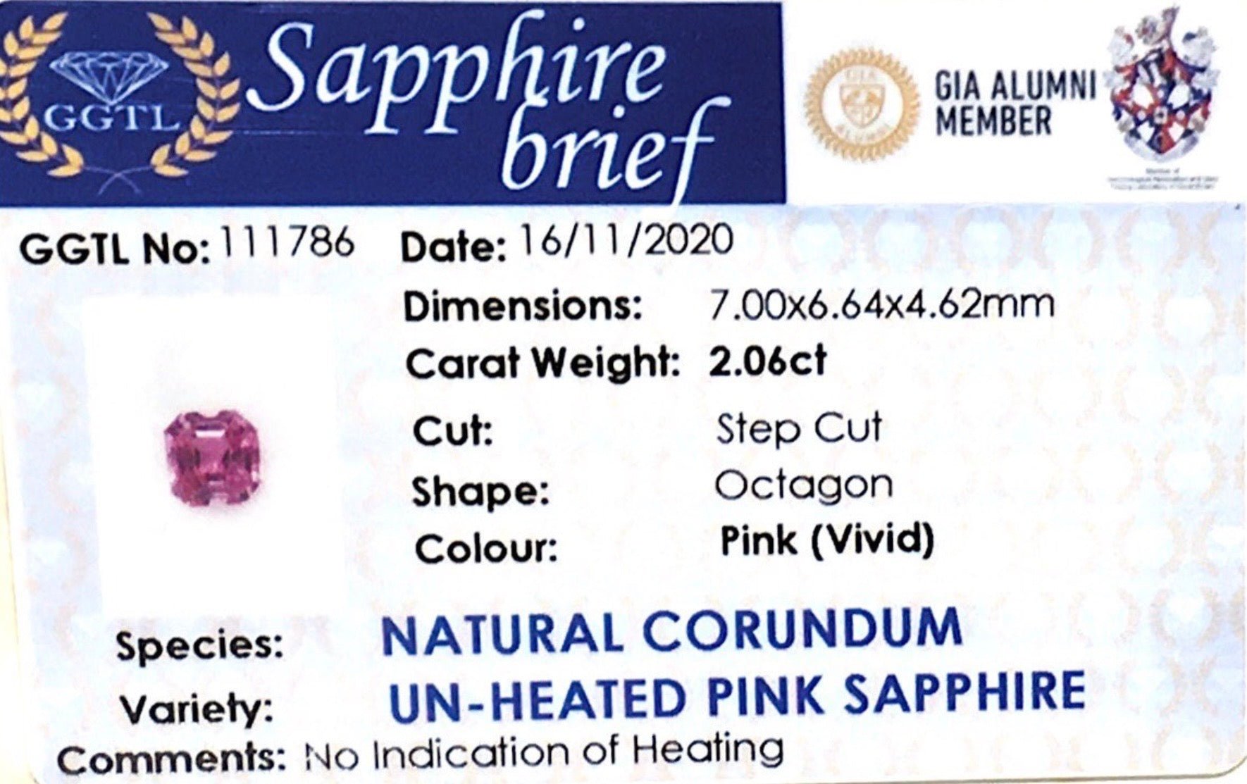 2.06CT Unheated Vivid Pink Sapphire - Benny's Gems Creations