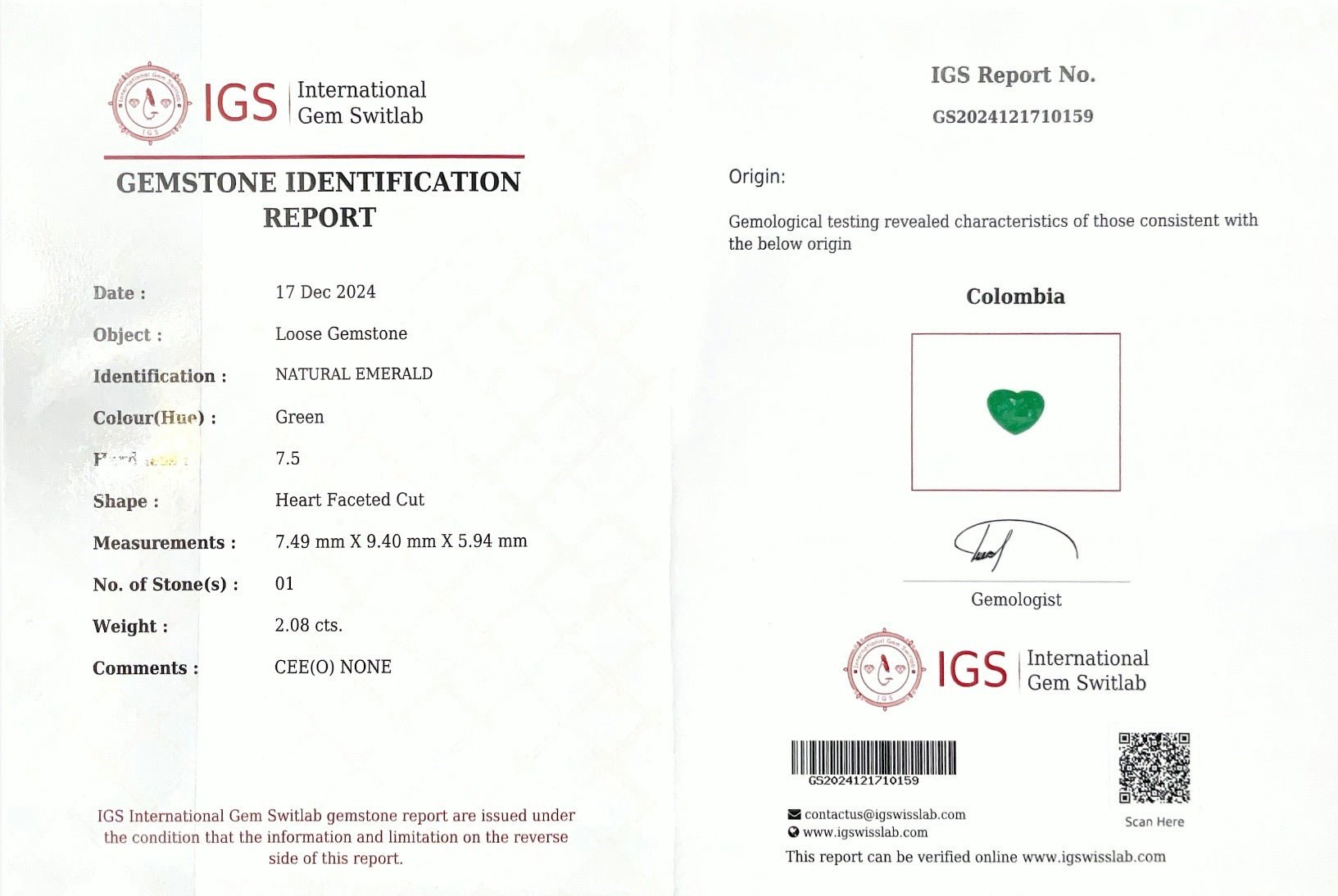 2.08CTS Colombian Emerald No Oil - Benny's Gems Creations