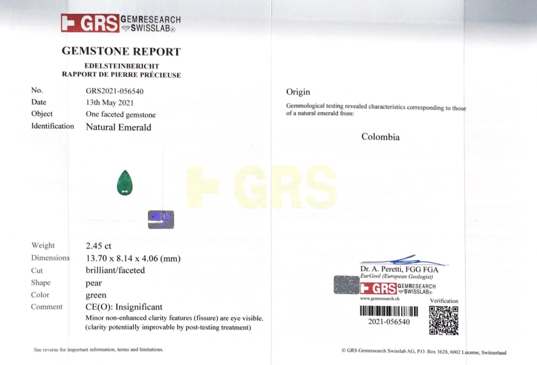2.45CTS Colombian Emerald Pear Shaped - Benny's Gems Creations