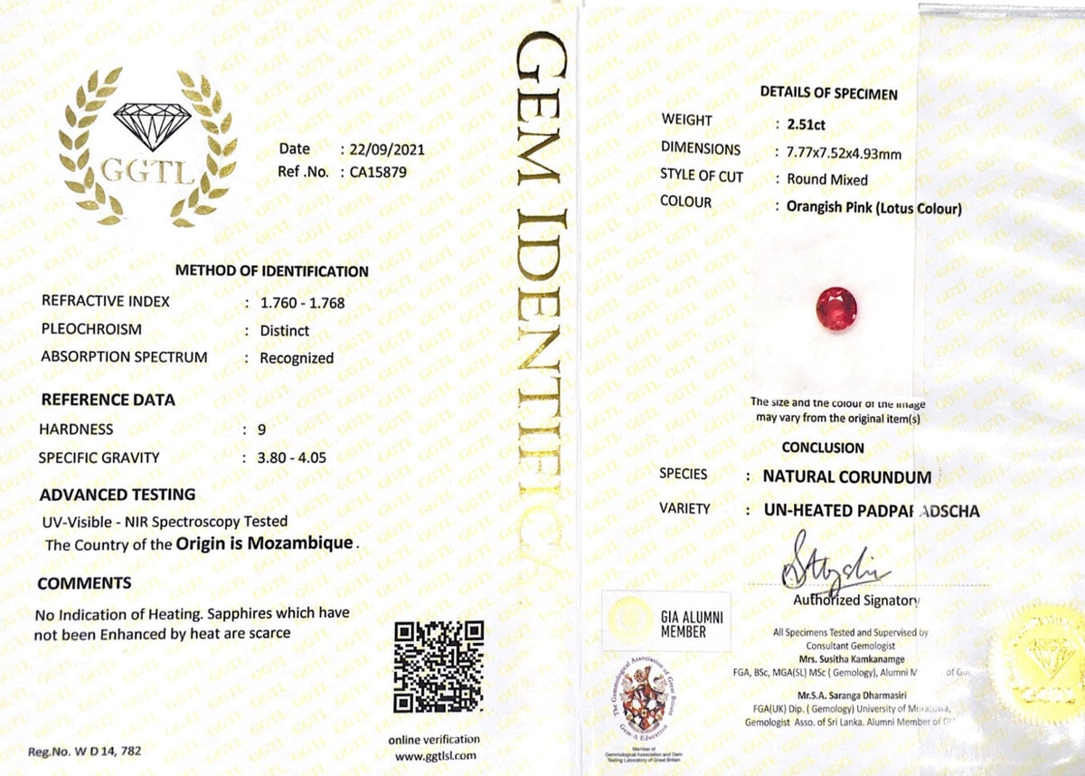 2.51CTS Unheated Round Padparadscha - Benny's Gems Creations