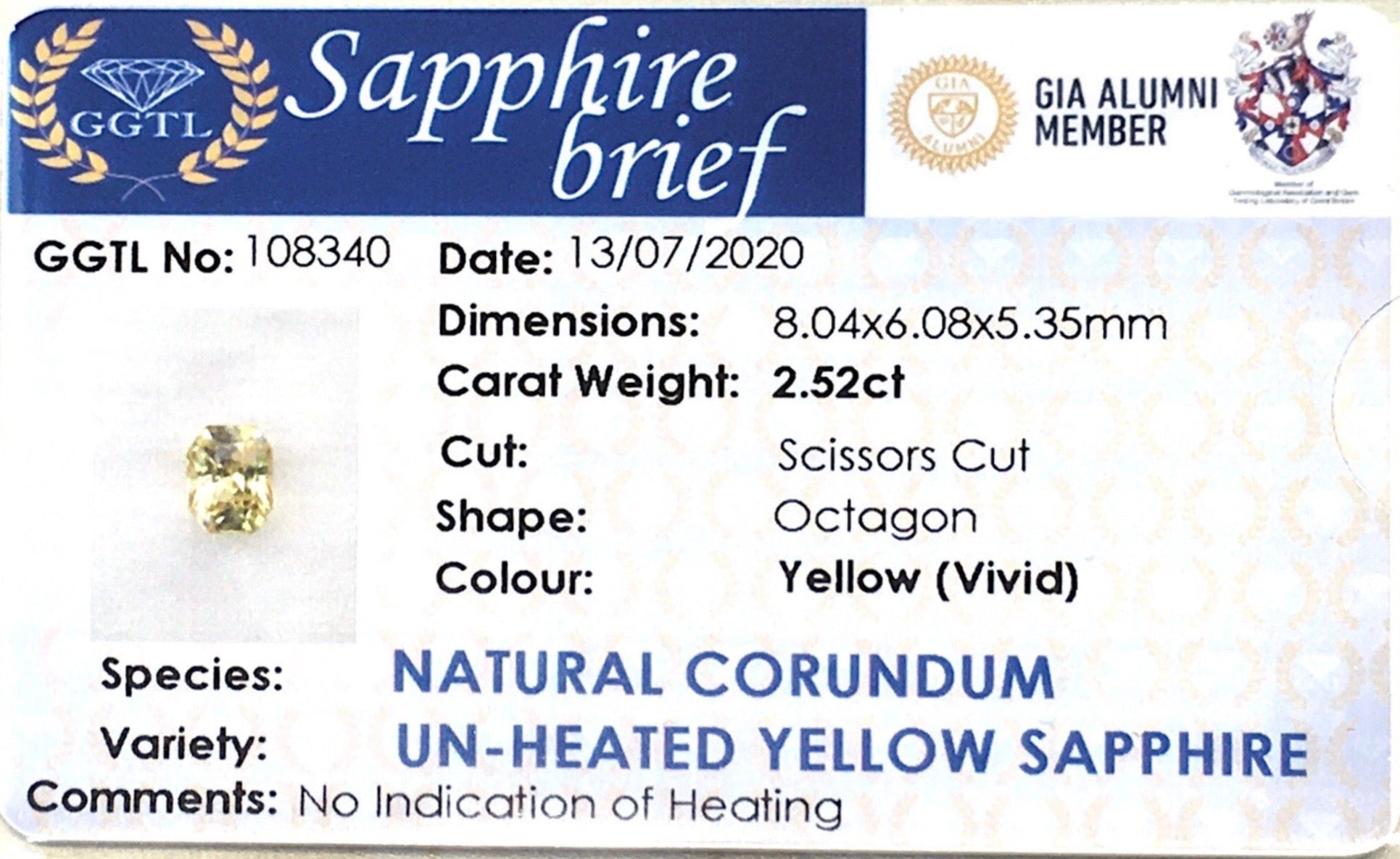 2.52CTS Unheated Yellow Sapphire - Benny's Gems Creations