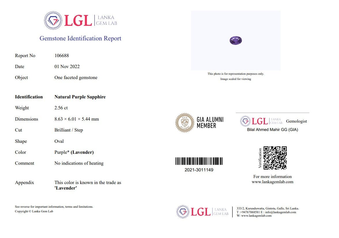 2.56CTS Unheated Lavender Sapphire - Benny's Gems Creations