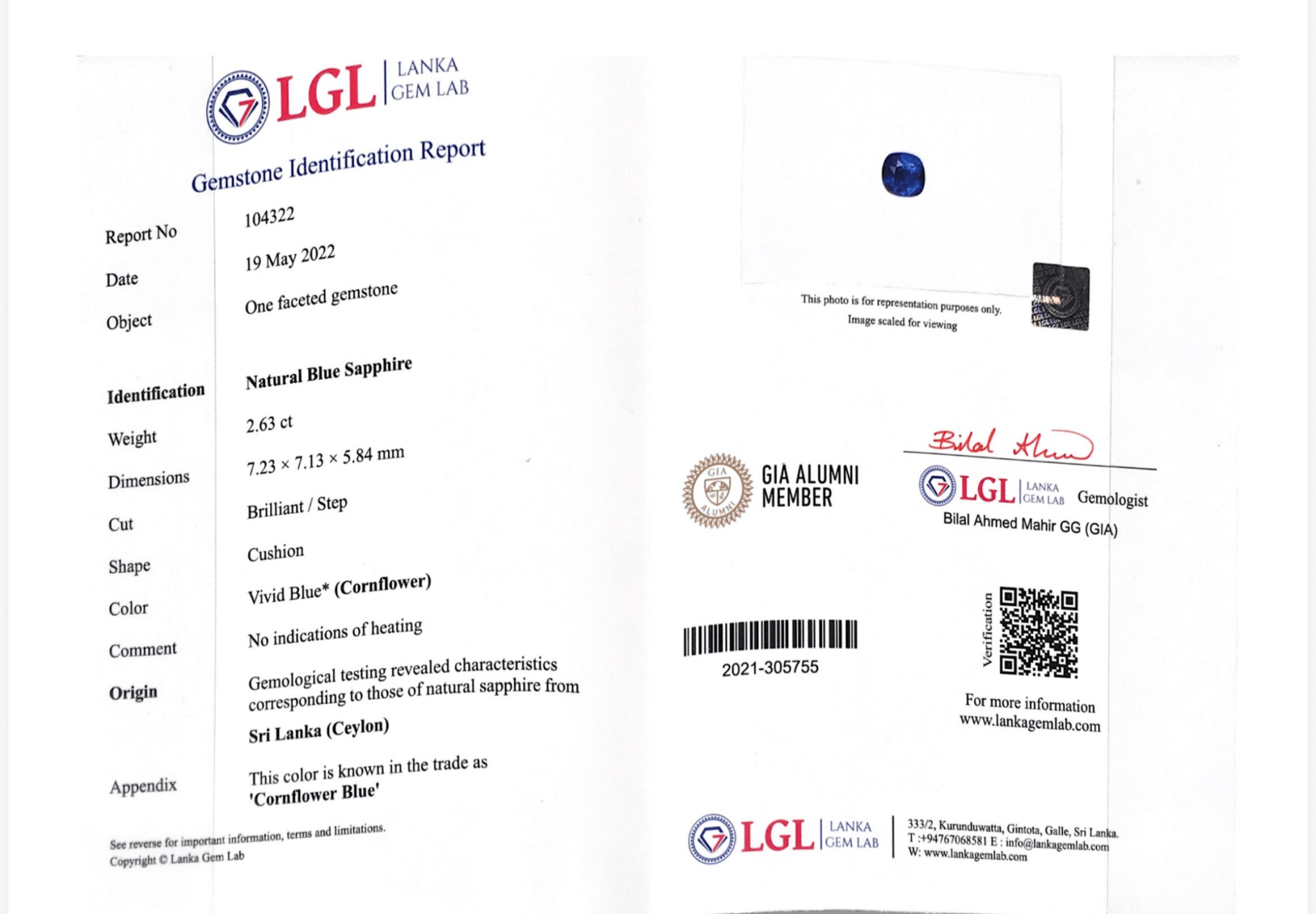 2.63CTS Unheated Cornflower Blue Sapphire - Benny's Gems Creations