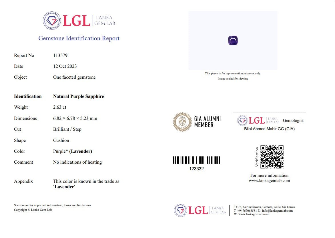 2.63CTS Unheated Lavender Sapphire - Benny's Gems Creations