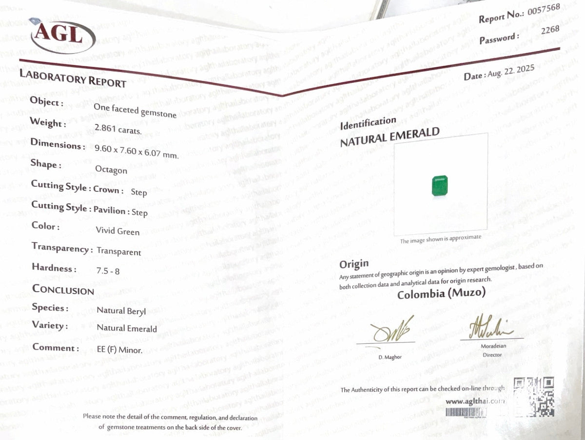 2.86Cts Vivid Green Muzo Emerald - Benny's Gems Creations