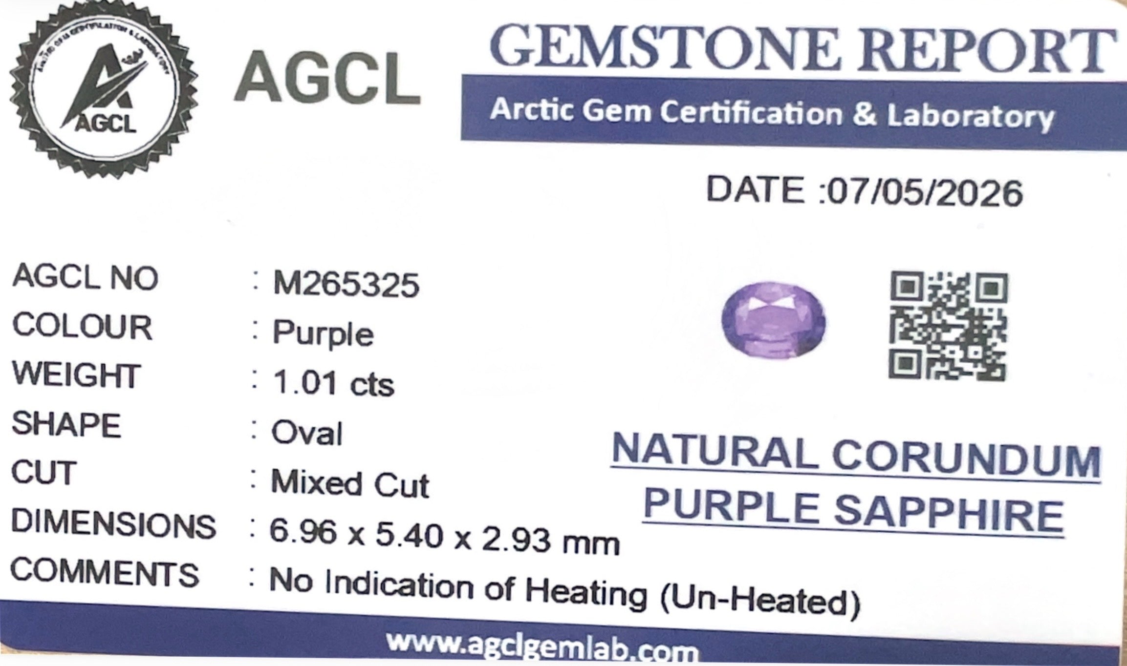 1.01cts Unheated Purple Sapphire