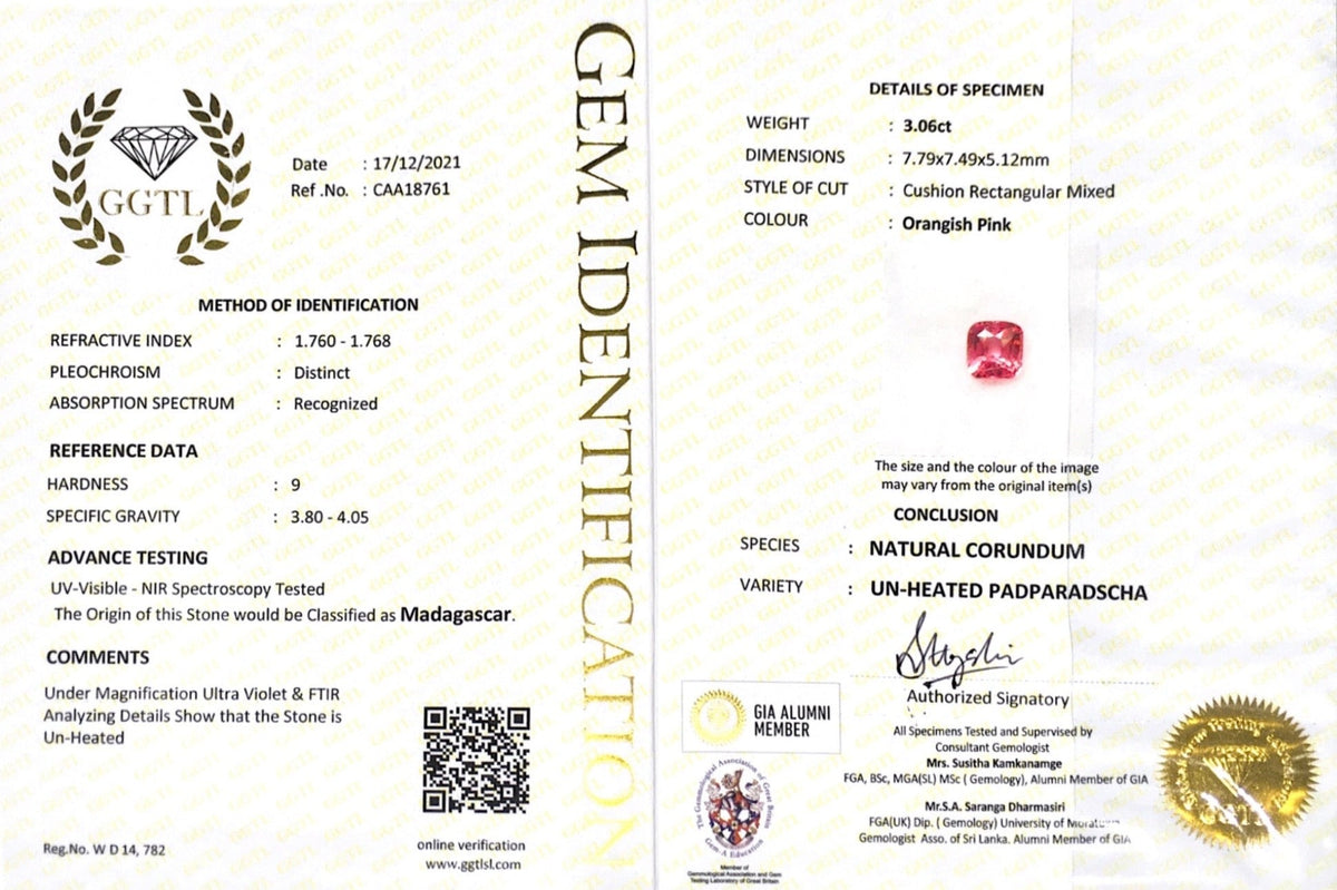 3.06CTS Unheated Madagascar Padparadscha - Benny's Gems Creations