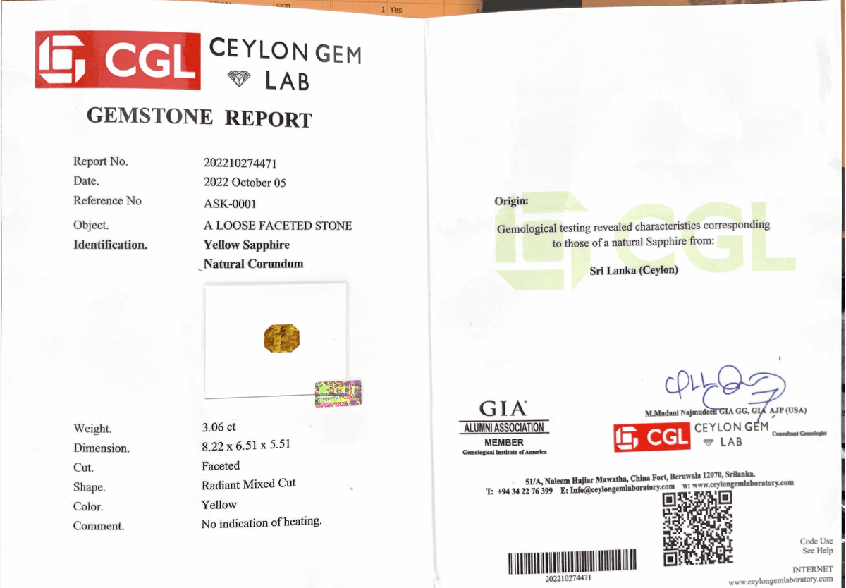 3.06cts Unheated Sri Lankan Yellow Sapphire - Benny's Gems Creations