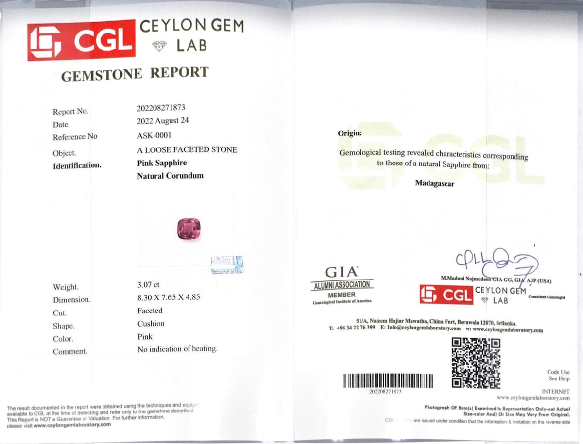 3.07CTS Unheated Pink Sapphire - Benny's Gems Creations